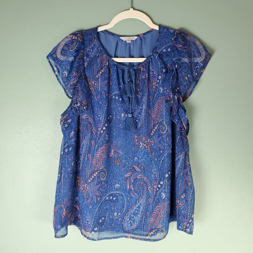 Lucky Brand Women's Blue Paisley Floral Flutter Sleeve Boho Blouse Size Large